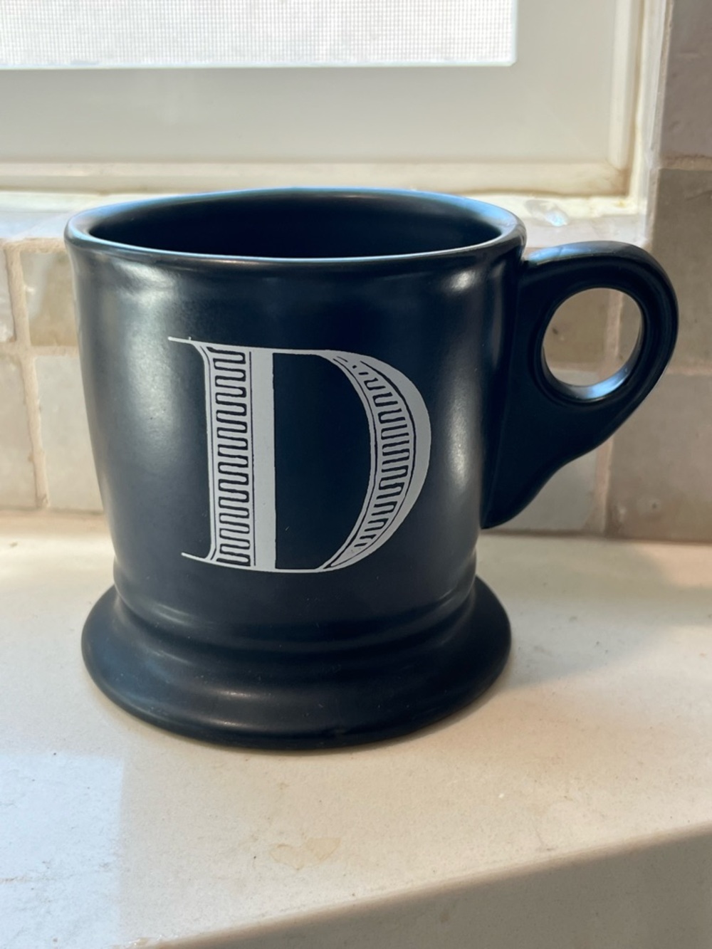 Anthropologie Black Ceramic Mug with White Monogram D Alphabet Cup